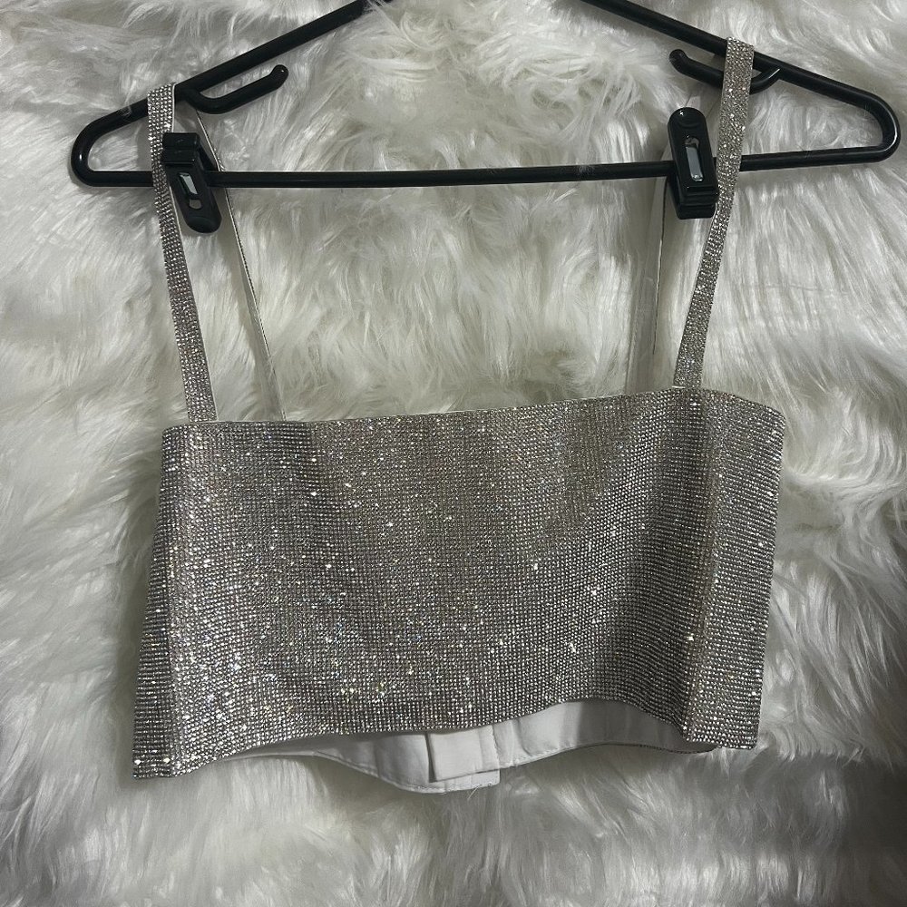 12th Tribe Shira Silver Rhinestone Crop Top, Size S